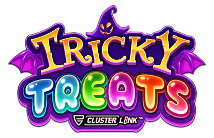 Tricky Treats slot logo with colorful candy letters and purple Halloween hat
