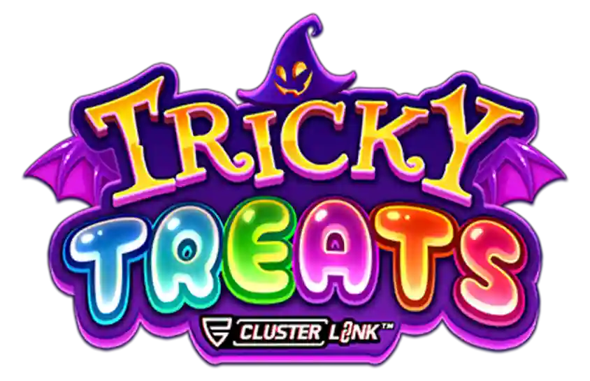 Tricky Treats slot logo with colorful candy letters and purple Halloween hat
